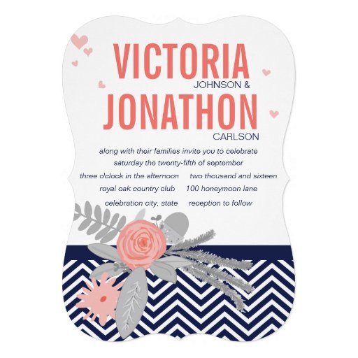 Coral Navy and Pink Zig Zag and Floral Wedding Personalized Invitations