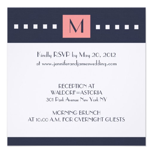 Coral Navy Blue Monogram Wedding Invitations
