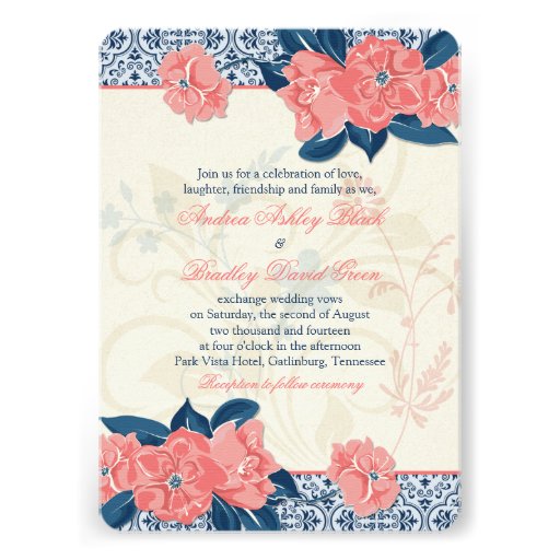 Coral Navy Blue Vintage Floral Wedding Invitation (front side)