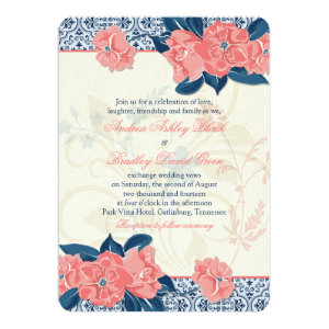 Coral Navy Blue Vintage Floral Wedding Invitation 5