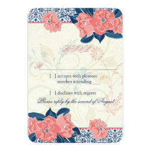 Coral Navy Blue Vintage Floral Wedding RSVP Reply 3.5x5 Paper Invitation Card