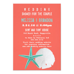 Coral Orange and Blue Beach Shells Wedding Shower 5x7 Paper Invitation Card