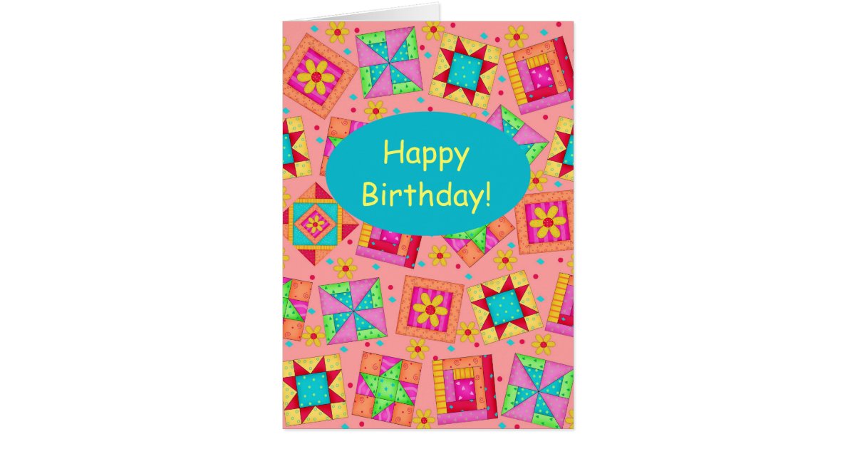 Coral Orange Patchwork Quilt Art Happy Birthday Card | Zazzle