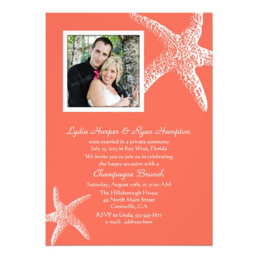 Coral Orange Photo Wedding Reception Only Invites (front side)
