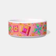 Coral Orange Quilt Block Cat Food Bowl