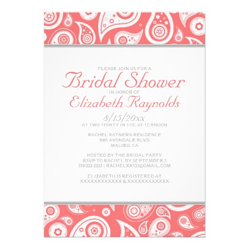 Coral Paisley Bridal Shower Invitations