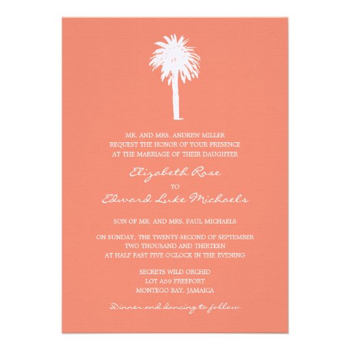 Coral Palm Tree Destination Wedding Personalized Announcements (front side)
