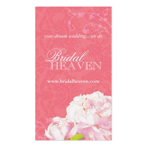 Coral Peony Damask Swirls Wedding Business Cards (front side)