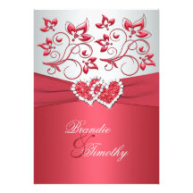 Coral Pink and Gray Floral Hearts Wedding Invite