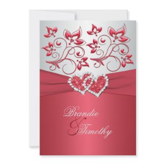 Coral Pink and Grey Floral Hearts Wedding Invite invitation