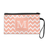 Coral Pink and White Chevron with Custom Monogram. Wristlets