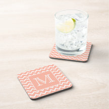 Coral Pink and White Chevron with Custom Monogram. Coaster
