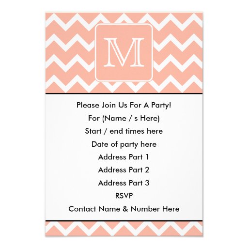 Coral Pink and White Chevron with Custom Monogram. Personalized Invitation