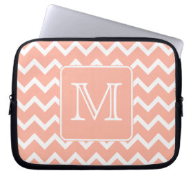 Coral Pink and White Chevron with Custom Monogram. Laptop Sleeve