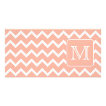 Coral Pink and White Chevron with Custom Monogram. Photo Card