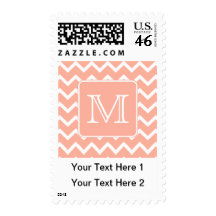 Coral Pink and White Chevron with Custom Monogram. Postage Stamps