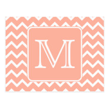 Coral Pink and White Chevron with Custom Monogram. Postcards