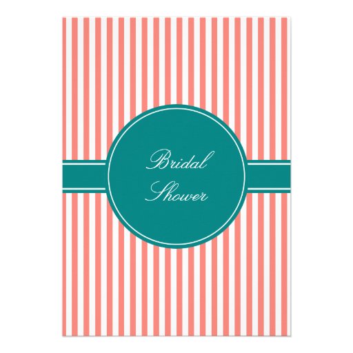 Coral Pink and White Stripes , Teal Bridal Shower Custom Invitations
