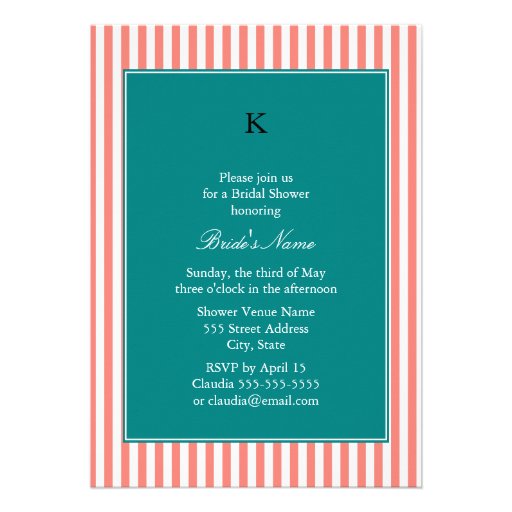 Coral Pink and White Stripes , Teal Bridal Shower Custom Invitations
