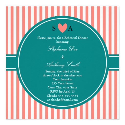 Coral Pink and White Stripes with Teal Personalized Announcement