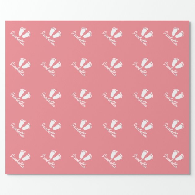 Coral pink baby shower footprints wrappingpaper wrapping paper