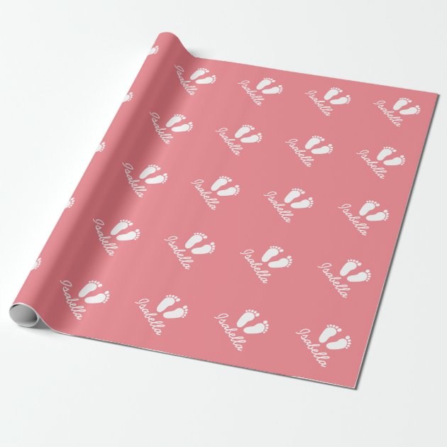 Coral pink baby shower footprints wrappingpaper wrapping paper