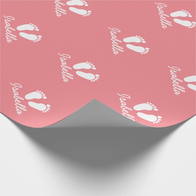 Coral pink baby shower footprints wrappingpaper wrapping paper 4/4