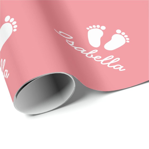 Coral pink baby shower footprints wrappingpaper wrapping paper 3/4