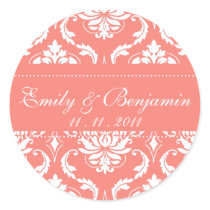 Coral Pink Damask Wedding Stickers