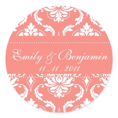 Coral Pink Damask Wedding Stickers