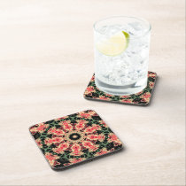 Coral Pink & Dark Green Fractal Kaleidoscope Coast cork coasters