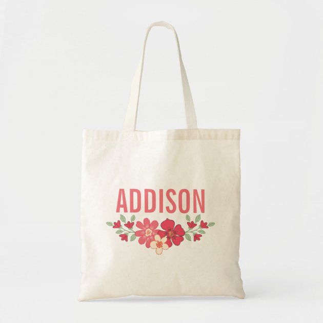 Coral Pink Floral Girls Name Canvas Tote Bag
