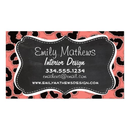 Coral Pink Leopard Print; Chalkboard look Business Card Templates (front side)