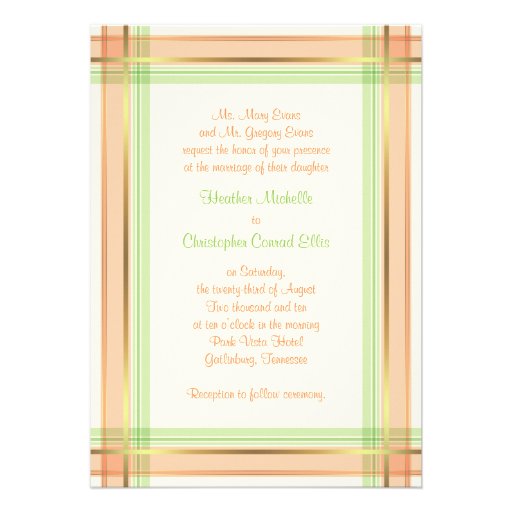 Coral Pink  Mint Green Plaid Wedding Invitation