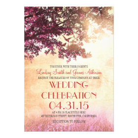 Coral pink oak tree & love birds wedding invites