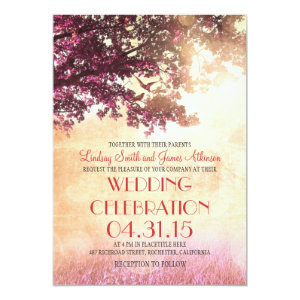 Coral pink oak tree & love birds wedding invites 5