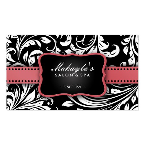 Coral Pink on Black and White Floral Damask Salon Business Cards (front side)