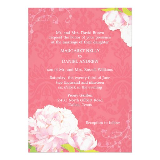 Coral Pink Peony Spring Floral Wedding Invitations