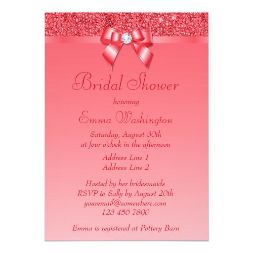 Coral Pink Printed Sequins & Diamond Bridal Shower Custom Invitations