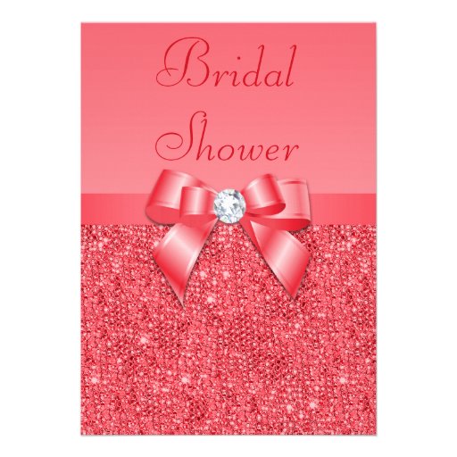 Coral Pink Printed Sequins & Diamond Bridal Shower Custom Invitations