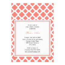 Coral Pink Quatrefoil Pattern Bridal Shower Personalized Invitation