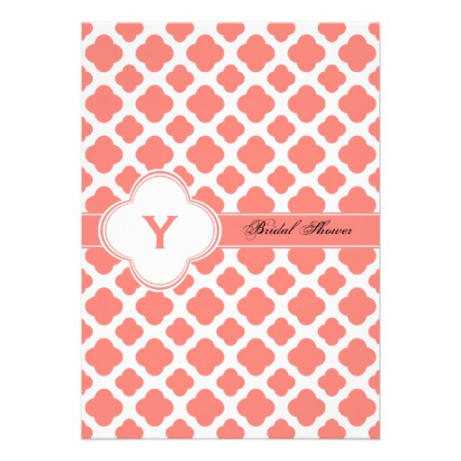 Coral Pink Quatrefoil Pattern Bridal Shower Personalized Invitation