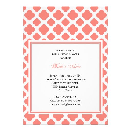 Coral Pink Quatrefoil Pattern Bridal Shower Personalized Invitation