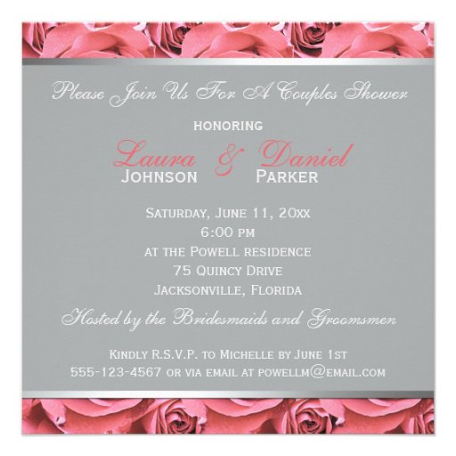 Coral Pink Rose and Gray Couples Shower Invitation