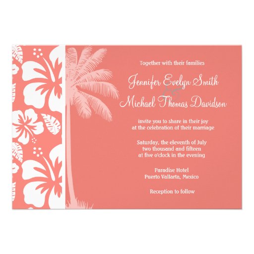 Coral Pink Tropical Hibiscus; Summer Palm Custom Invites