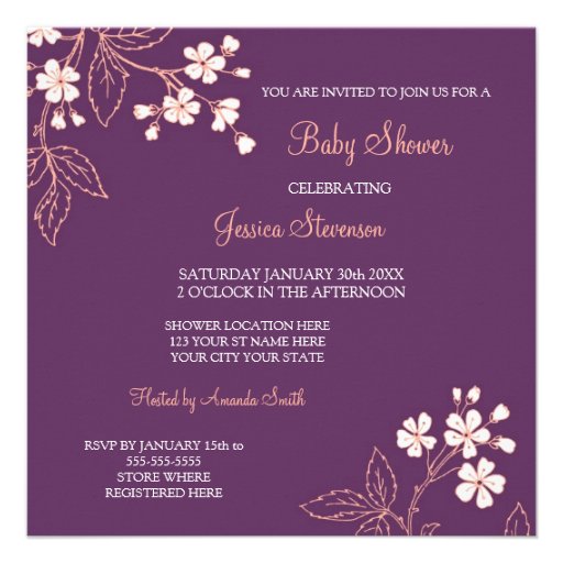 Coral Plum Floral Custom Baby Shower Invitations