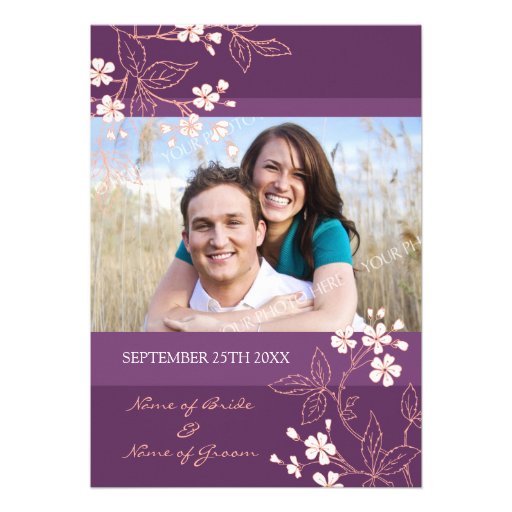 Coral Plum Floral Photo Wedding Invitation Cards