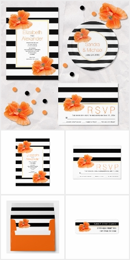 Coral poppy black white stripes wedding collection