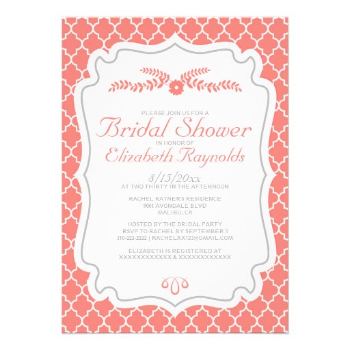 Coral Quatrefoil Bridal Shower Invitations