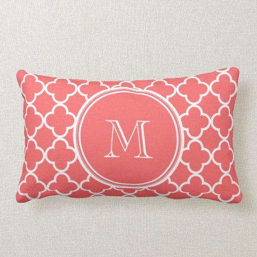 Coral Quatrefoil Pattern, Your Monogram Throw Pillow Zazzle